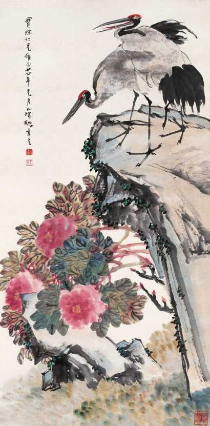 张聿光 1931年作 仙鹤牡丹 立轴